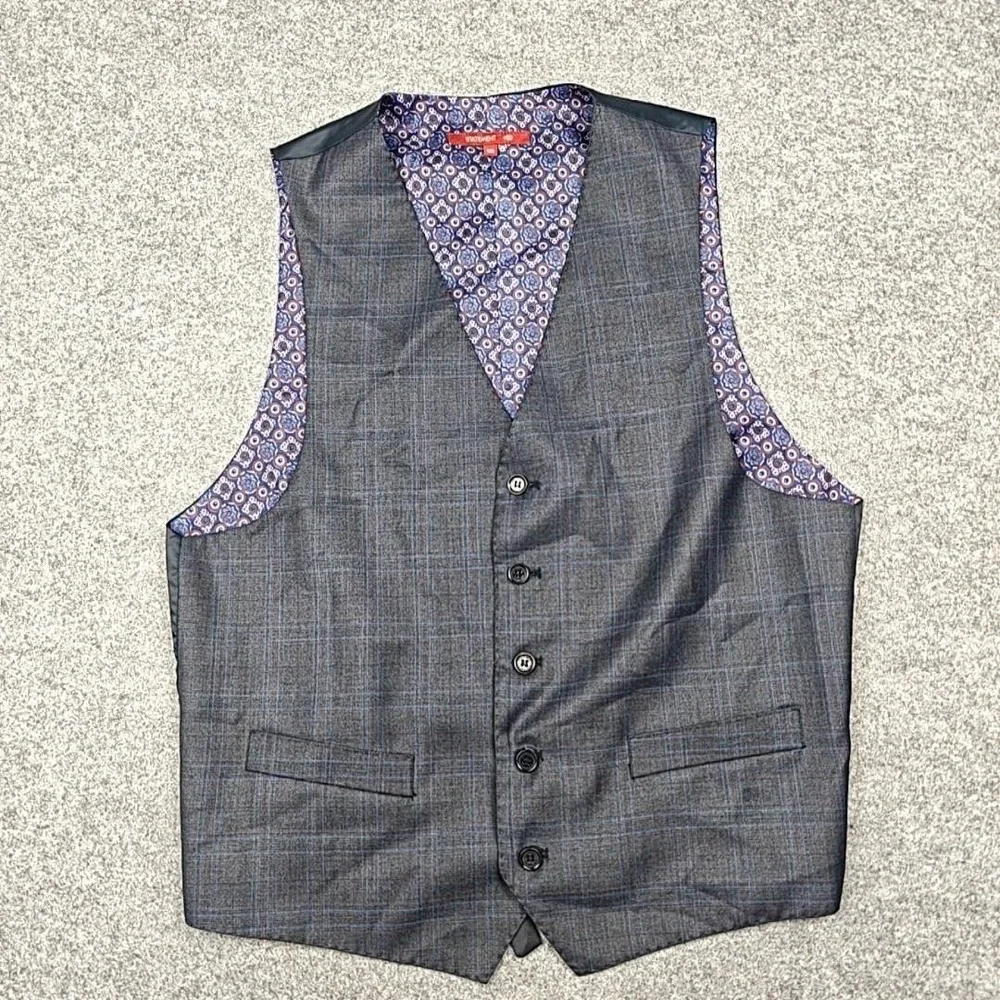 Statement‎ Suit Jacket Vest Mens 40R Gray Plaid Wool Cashmere 2 Piece Slim Fit